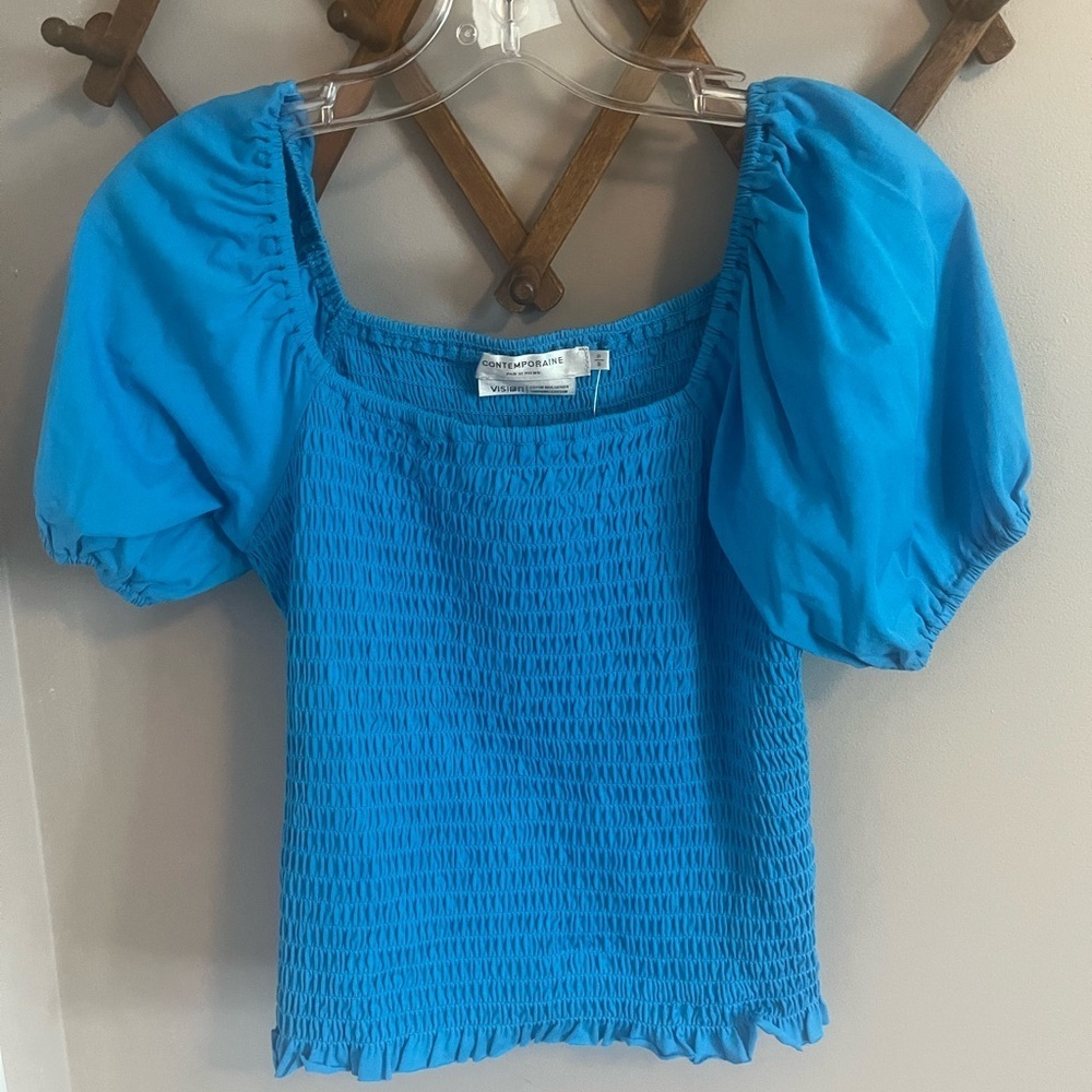 NWT bubble sleeve square neck smocked shirt S bright blue organic cotton
